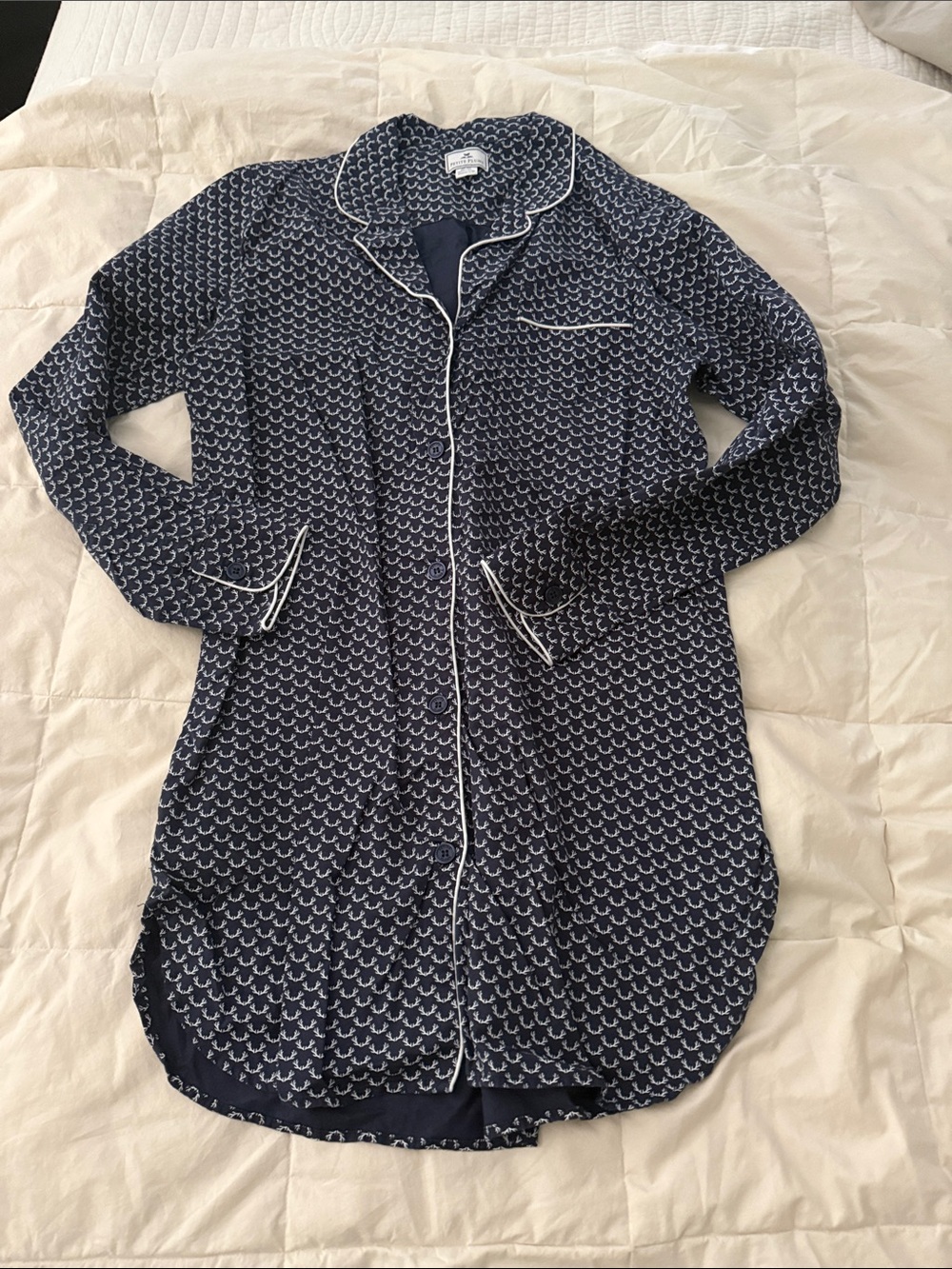 Navy Printed Long-Sleeve Sleep Shirt with Contrast Piping